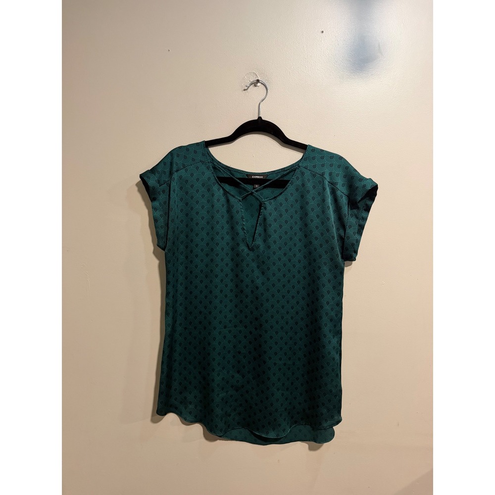 Express Emerald Green Art Deco Fan Print V-Neck Blouse with Strappy Detail M